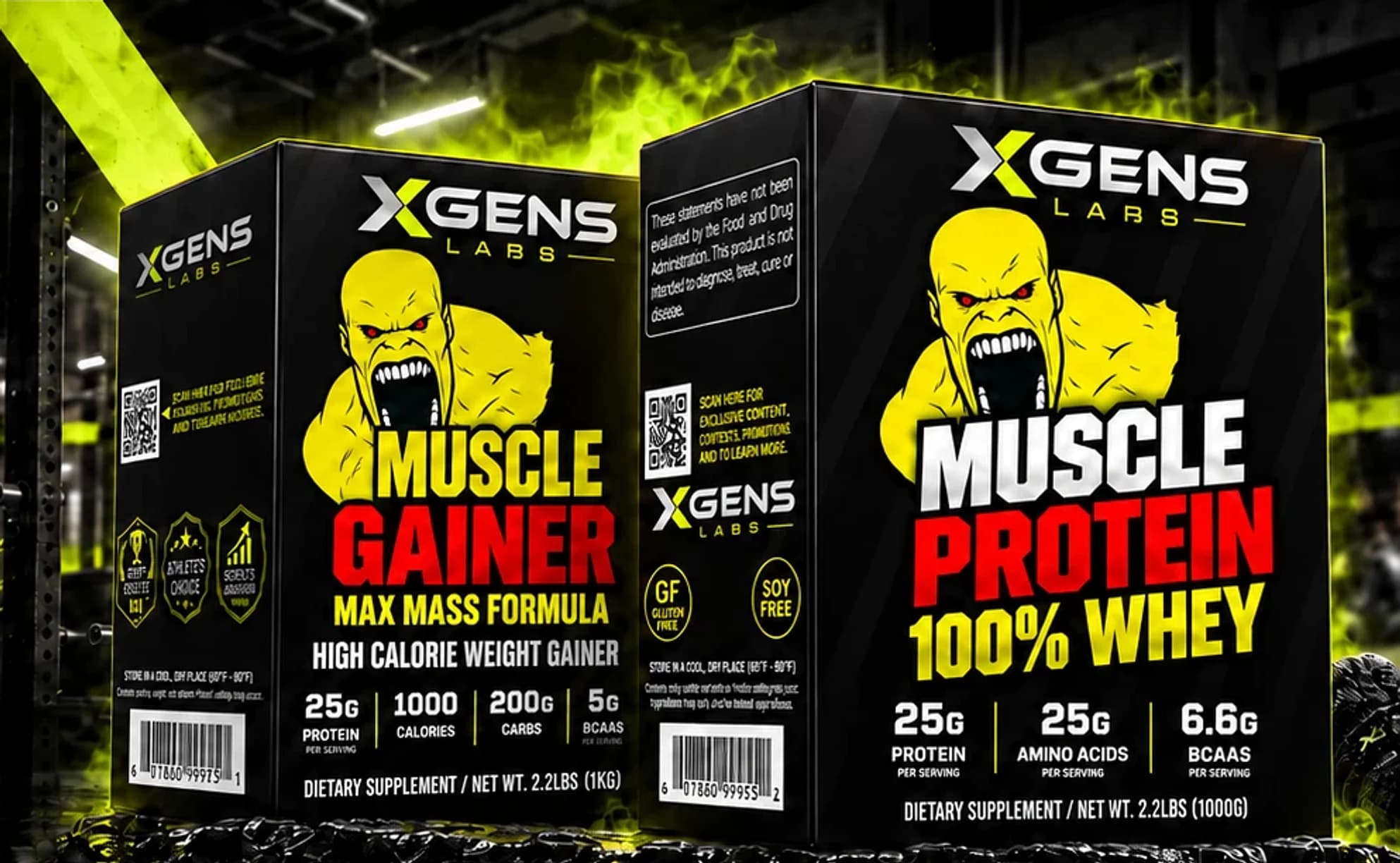 XGENS LABS Muscle Gainer and Muscle Protein 100% Whey boxes